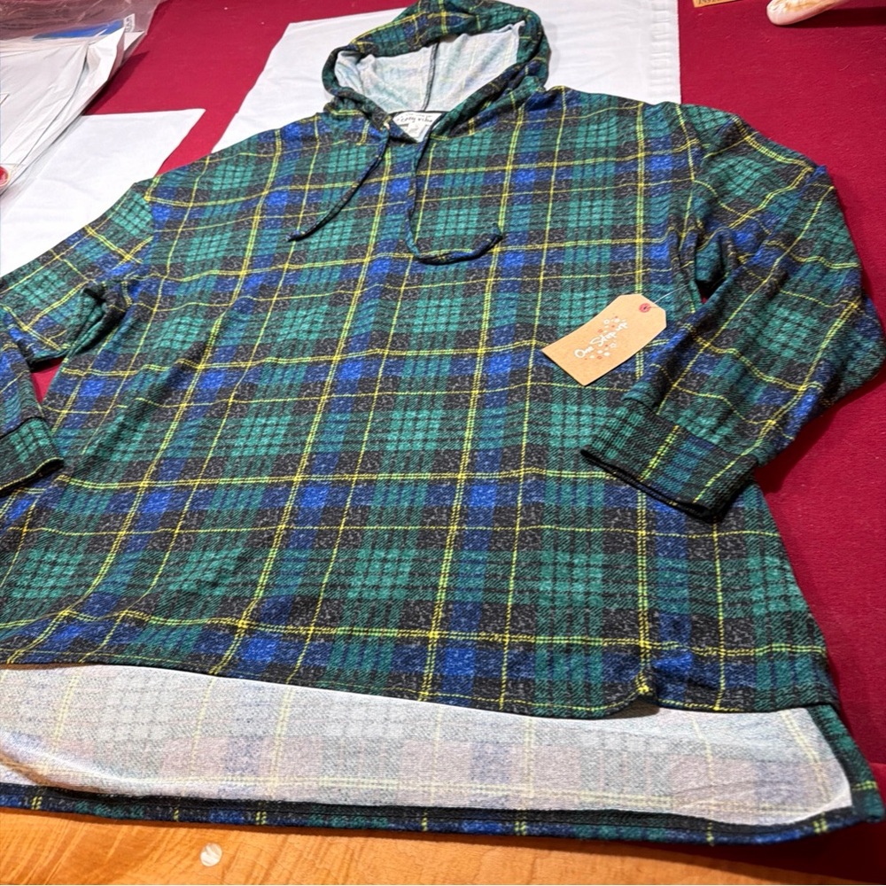 GREEN BLACK YELLOW wide PLAID HOODIE NEW sweater Cozy Vibes Tunic Women’s  2xl - Picture 11 of 12